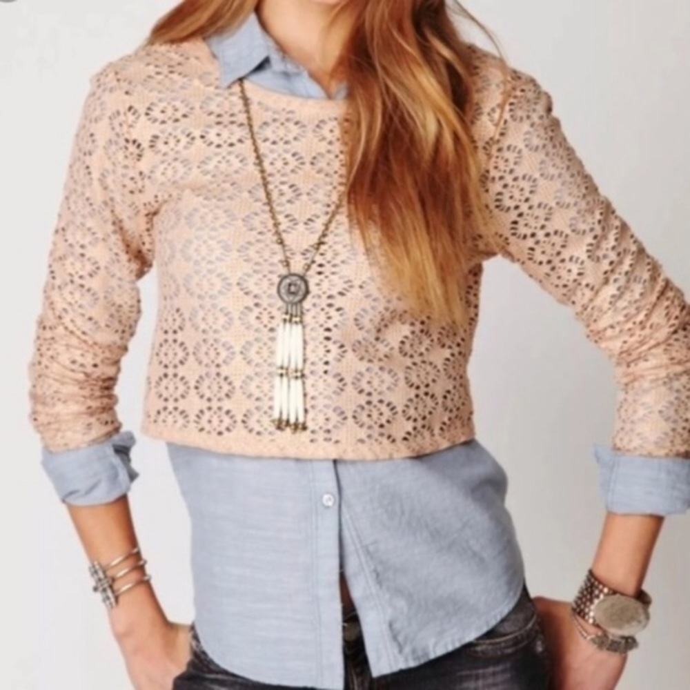 Free People Beach Tan Eyelet Long Sleeve Crop Top